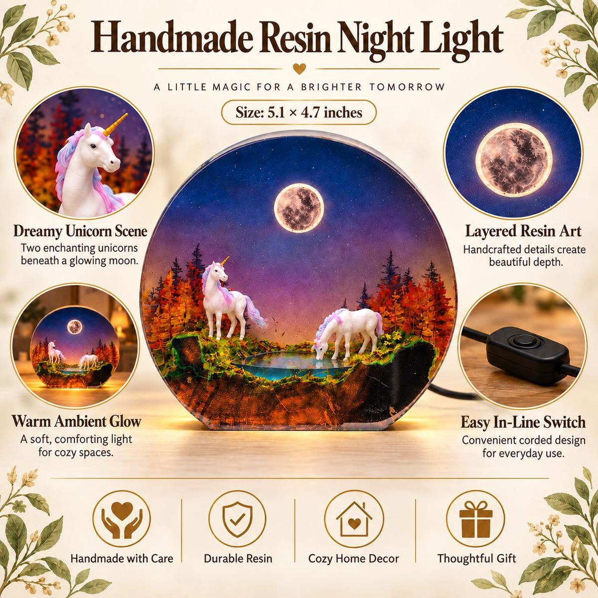 Moonlit forest unicorn resin night light