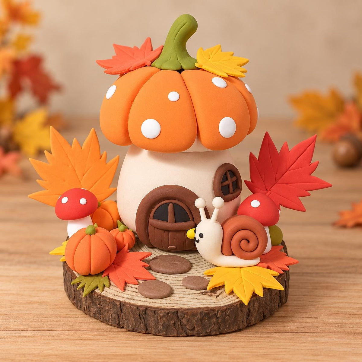 Handmade pumpkin cottage and snail clay figurine — image 1