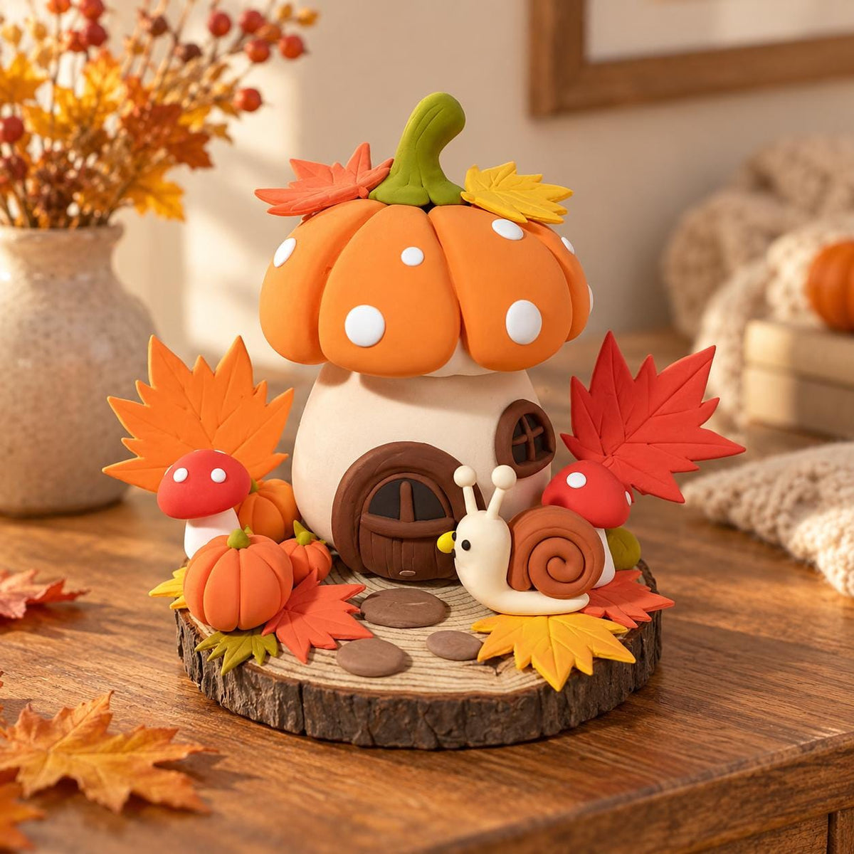 Handmade pumpkin cottage and snail clay figurine — image 2