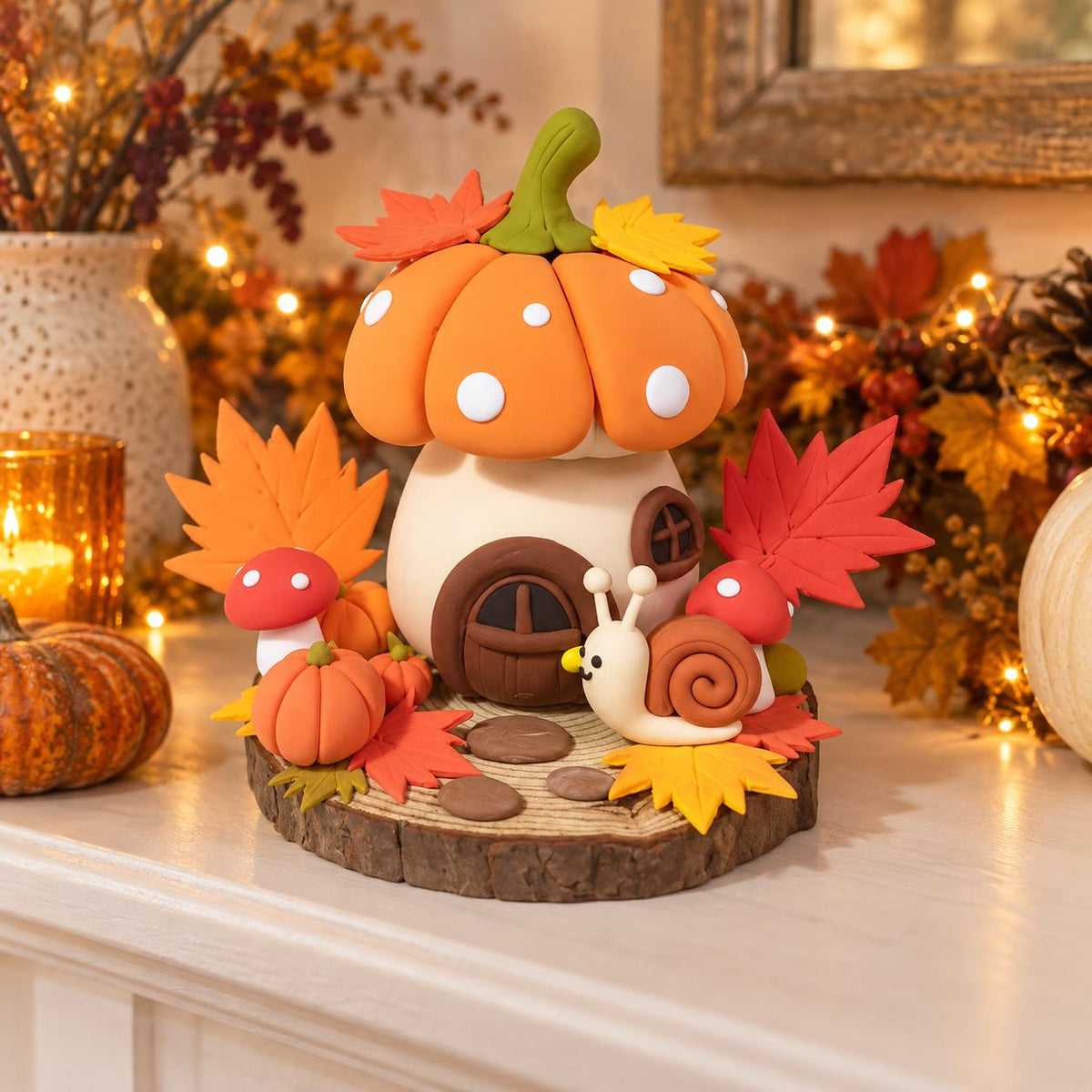 Handmade pumpkin cottage and snail clay figurine — image 3