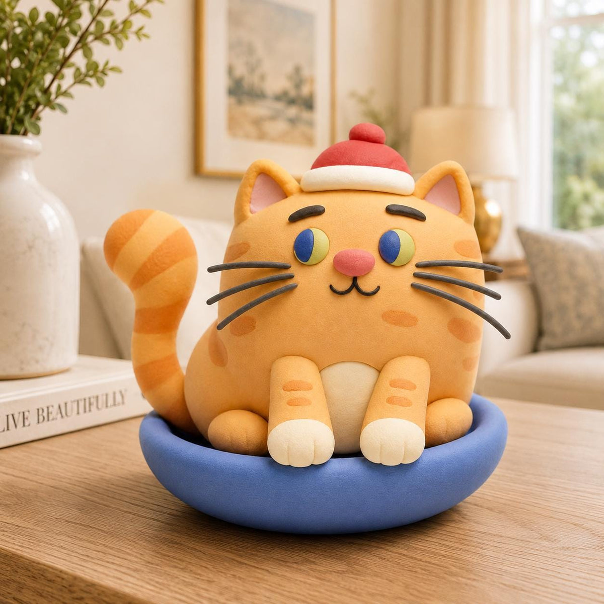 Handmade orange cat clay figurine in a blue bowl with a red hat