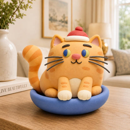 Handmade orange cat clay figurine in a blue bowl with a red hat