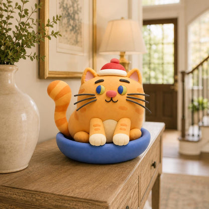 Handmade orange cat clay figurine in a blue bowl with a red hat