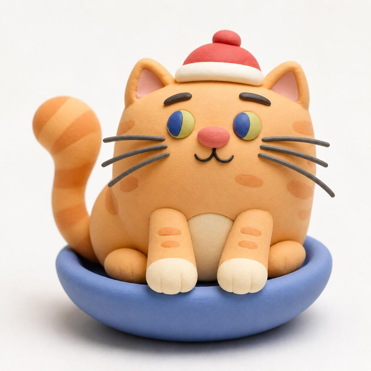 Handmade orange cat clay figurine in a blue bowl with a red hat