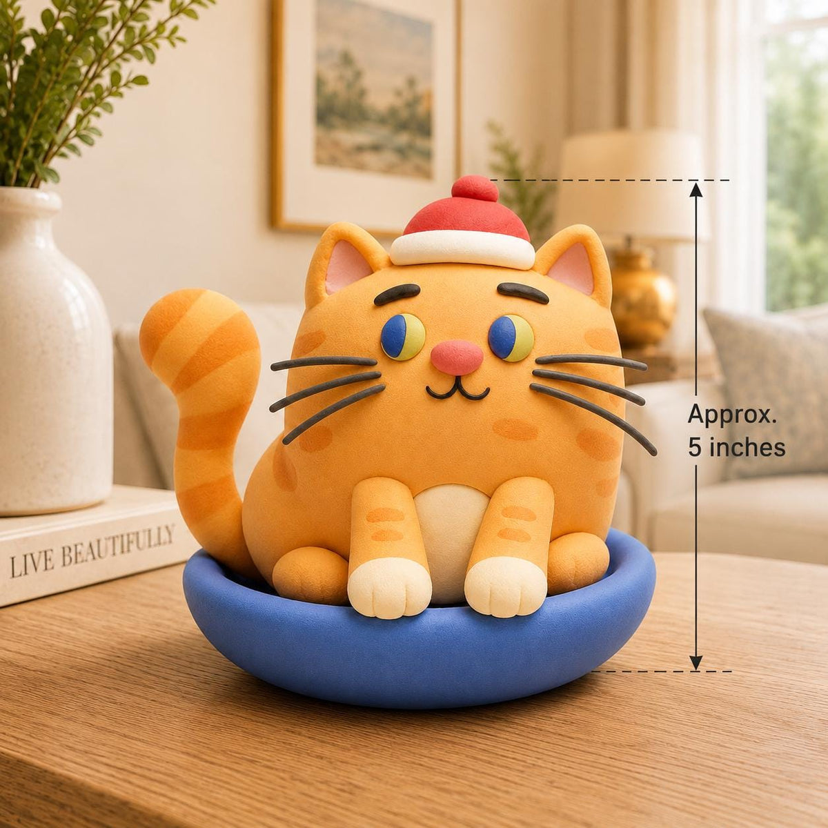 Handmade orange cat clay figurine in a blue bowl with a red hat