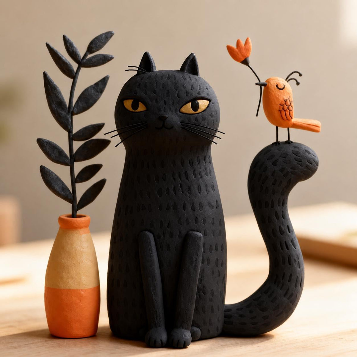 Handmade black cat with orange bird clay figurine — image 1