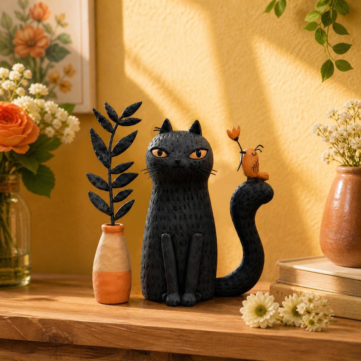Handmade black cat with orange bird clay figurine — image 2