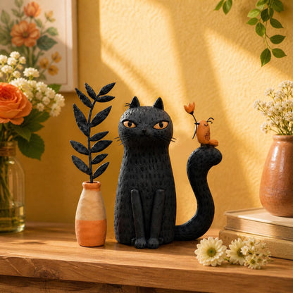Handmade black cat with orange bird clay figurine — image 2