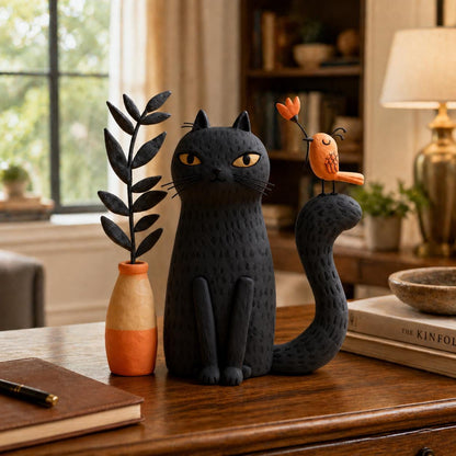 Black cat with orange bird figurine — image 3