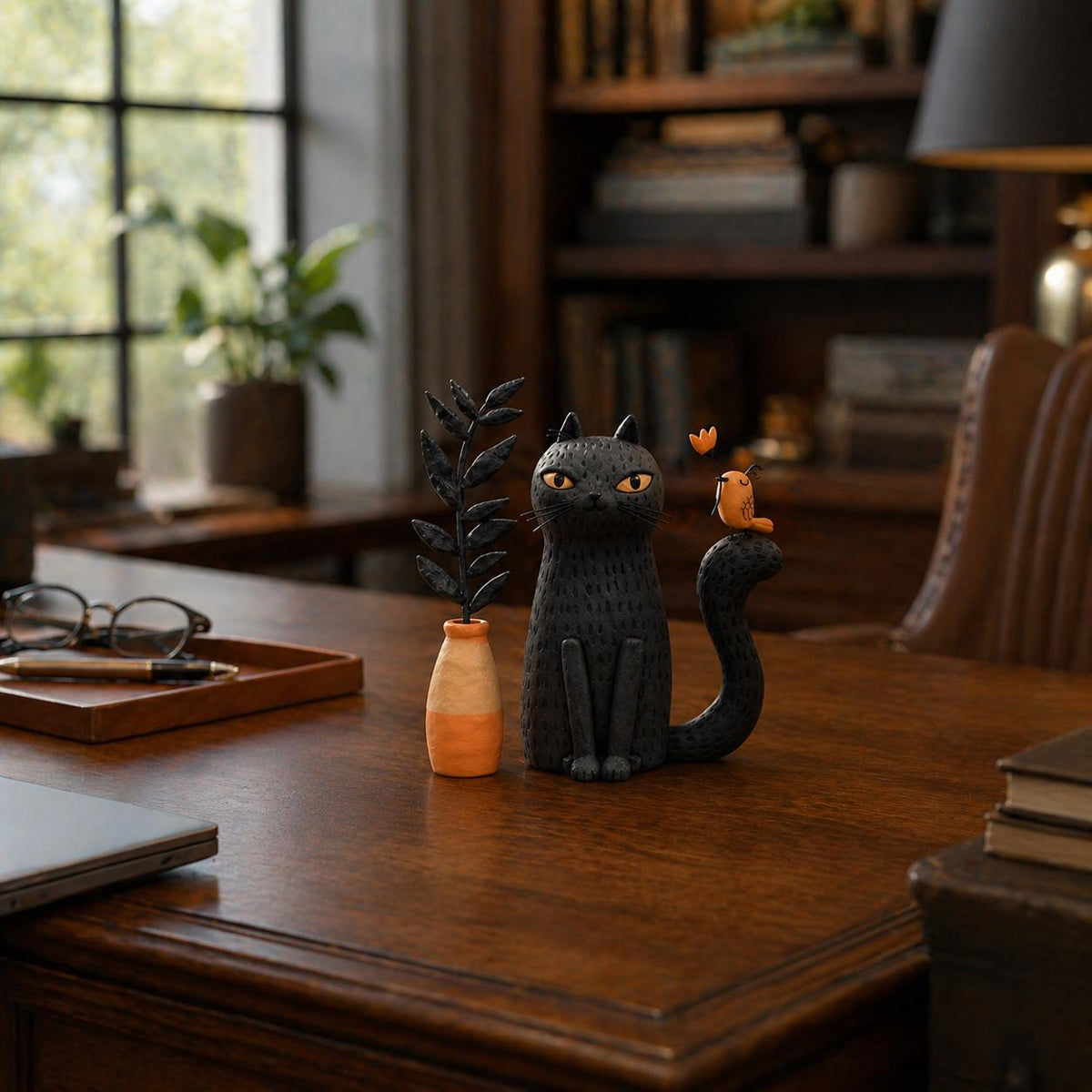 Black cat with orange bird figurine — image 5