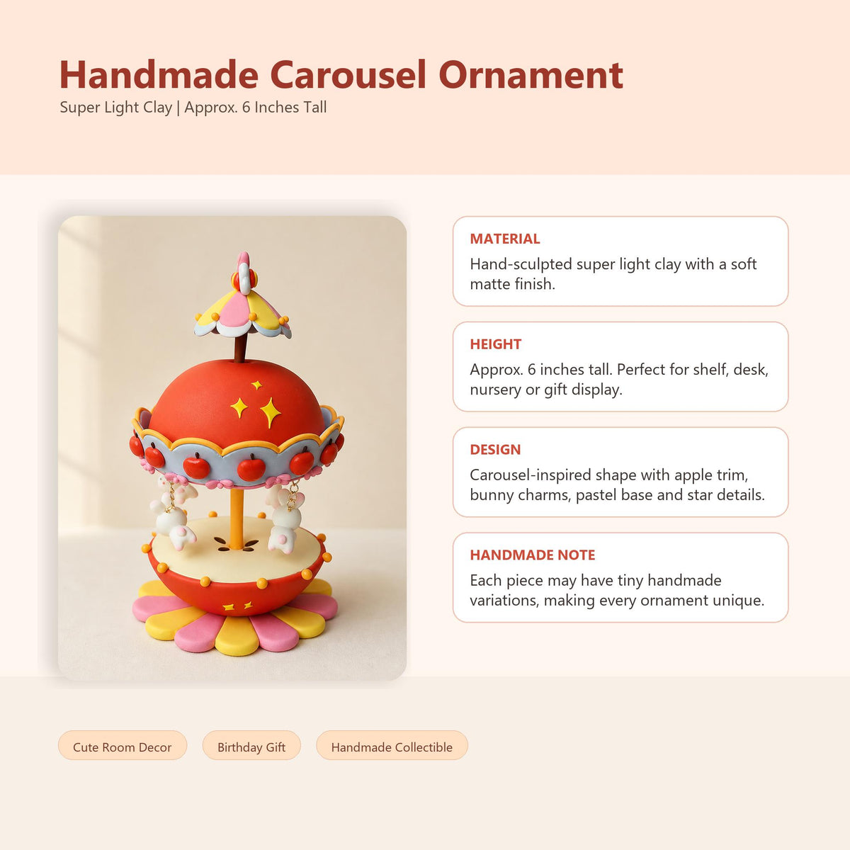 Handmade clay carousel with bunny accents — image 9