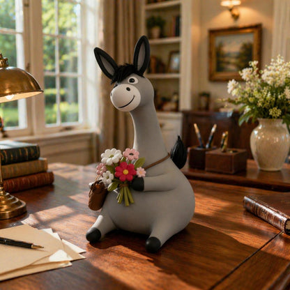 Handmade clay donkey holding flowers — image 3