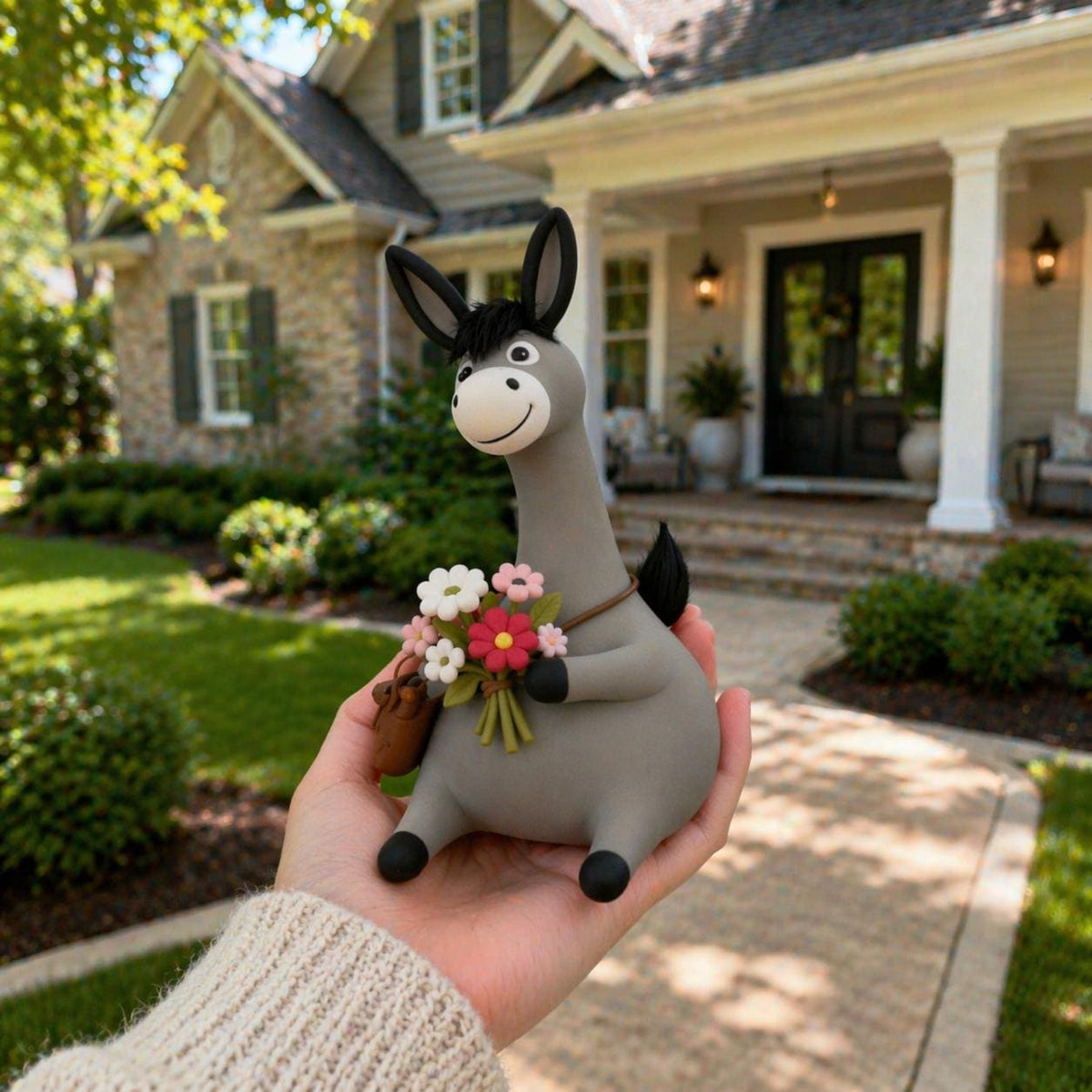 Handmade clay donkey holding flowers — image 4