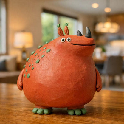 Orange handmade clay monster figurine with green spots and dark horns