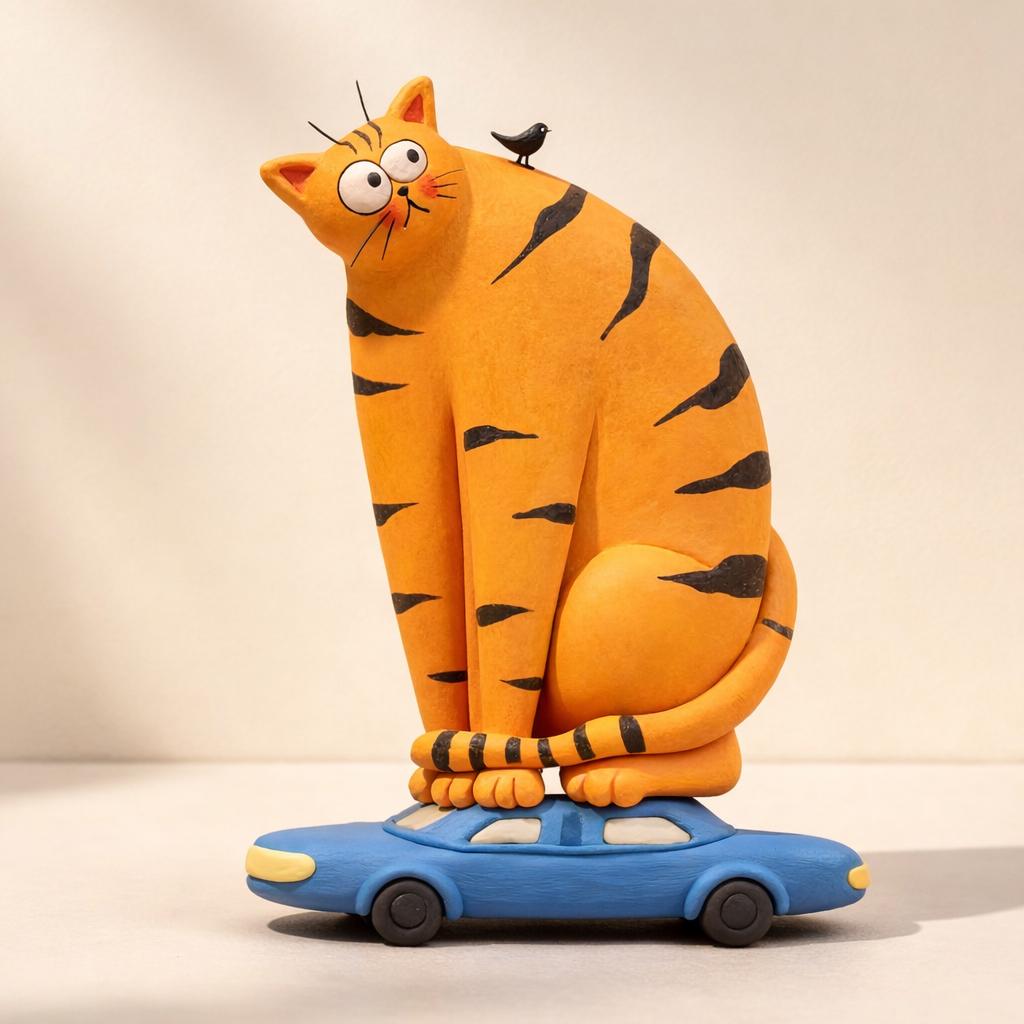 Handmade orange cat and bird on blue car clay figurine — image 3