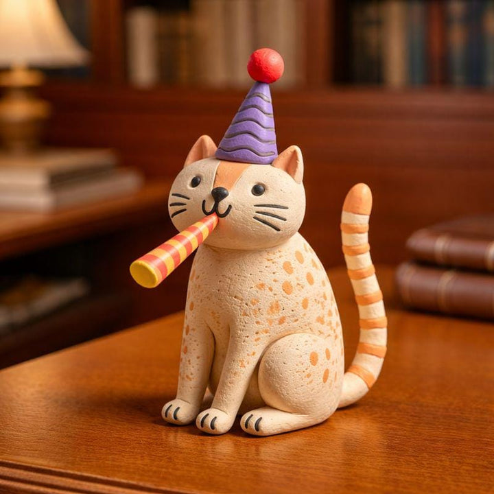 Handmade party hat cat clay figurine — image 1