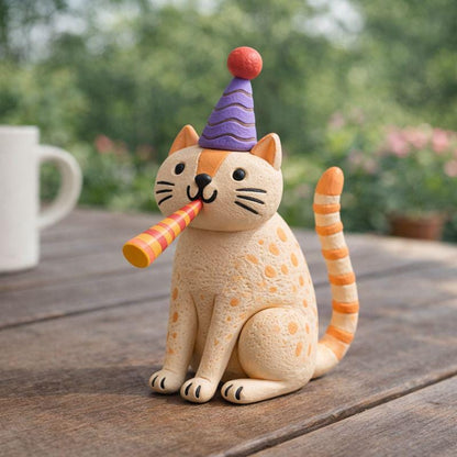 Handmade party hat cat clay figurine — image 2
