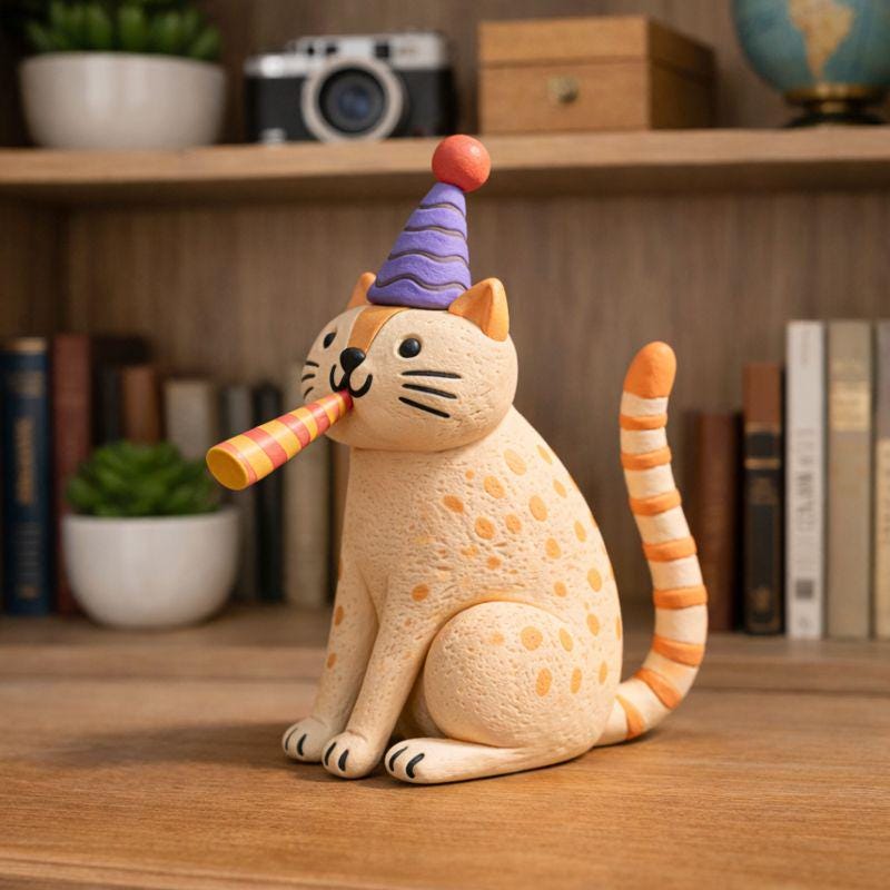 Handmade party hat cat clay figurine — image 3