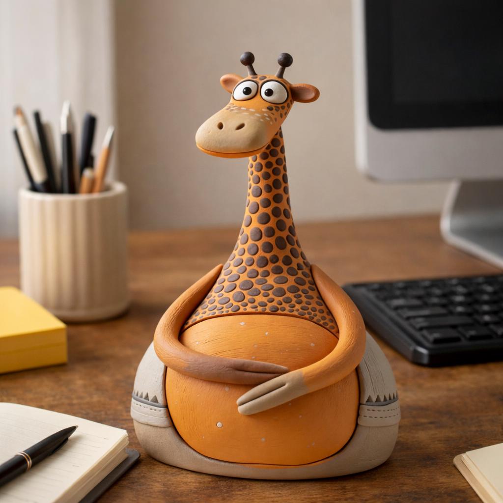 Handmade seated giraffe clay figurine, original image 2