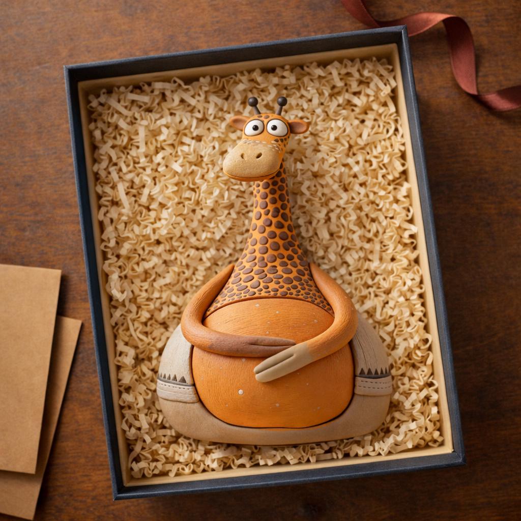 Handmade seated giraffe clay figurine, original image 5