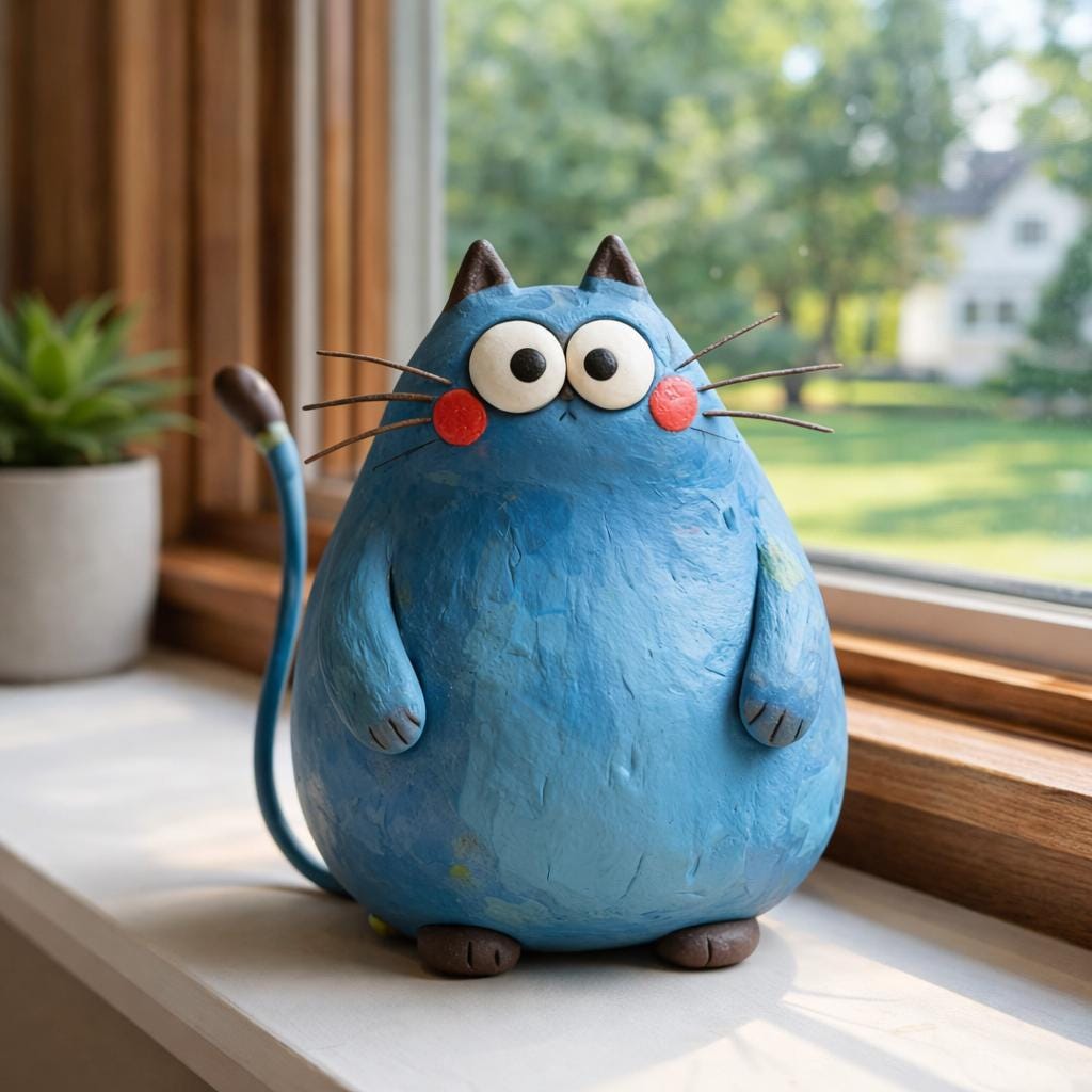 Handmade blue cat clay sculpture - image 1