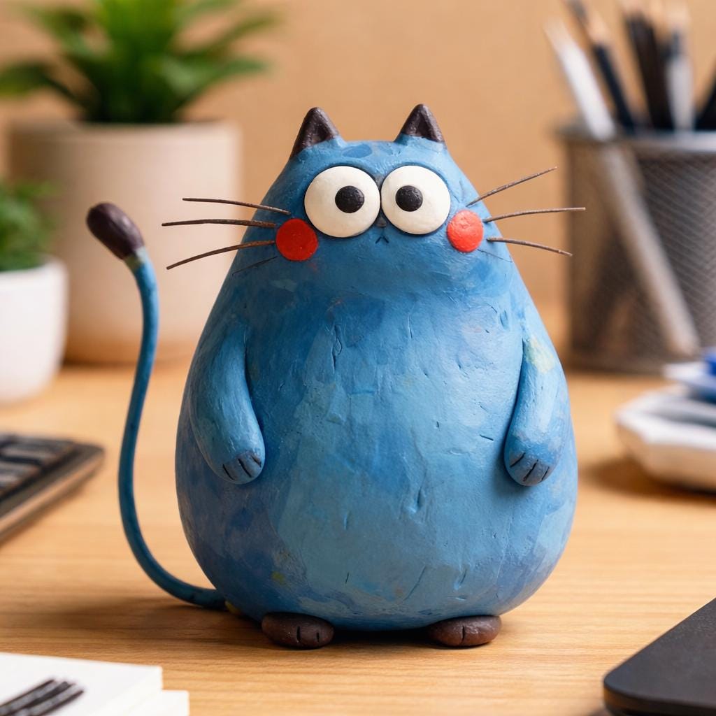 Handmade blue cat clay sculpture - image 2