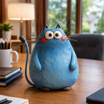 Handmade blue cat clay sculpture - image 3