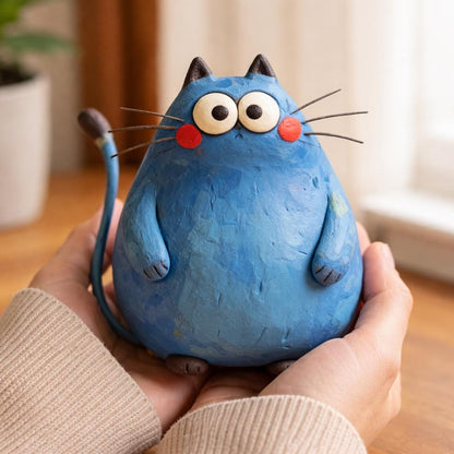 Handmade blue cat clay sculpture - image 4