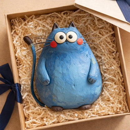 Handmade blue cat clay sculpture - image 5