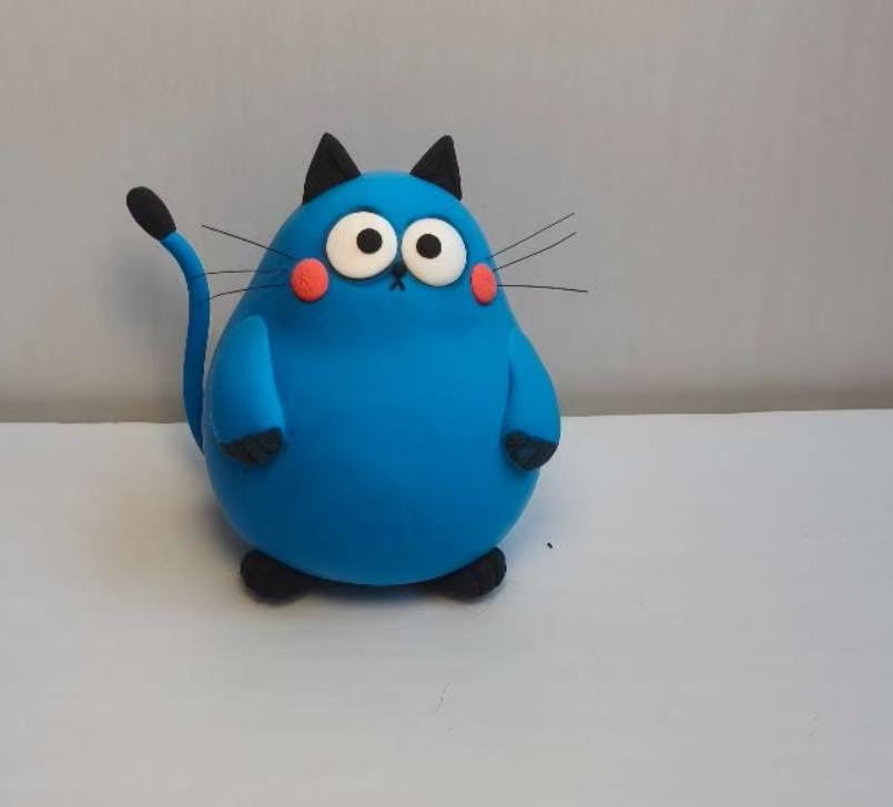 Handmade blue cat clay sculpture - image 6