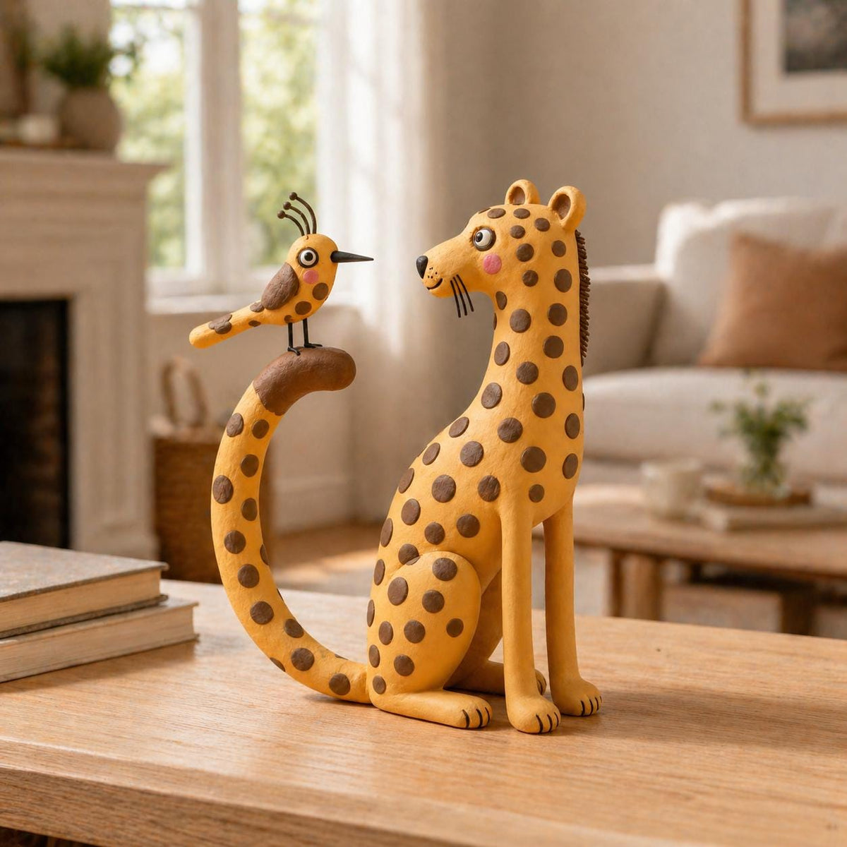 Handmade leopard and bird clay figurine