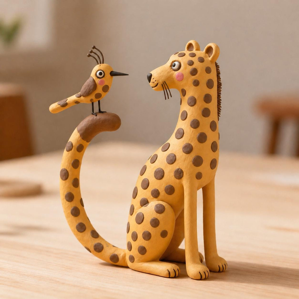 Handmade leopard and bird clay figurine