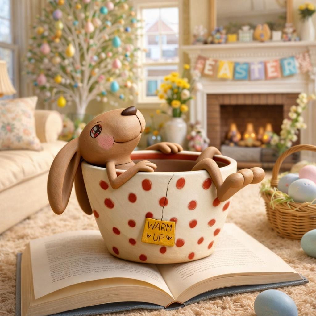 Handmade bunny in a polka-dot teacup clay figurine