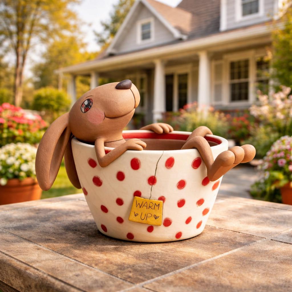 Handmade bunny in a polka-dot teacup clay figurine