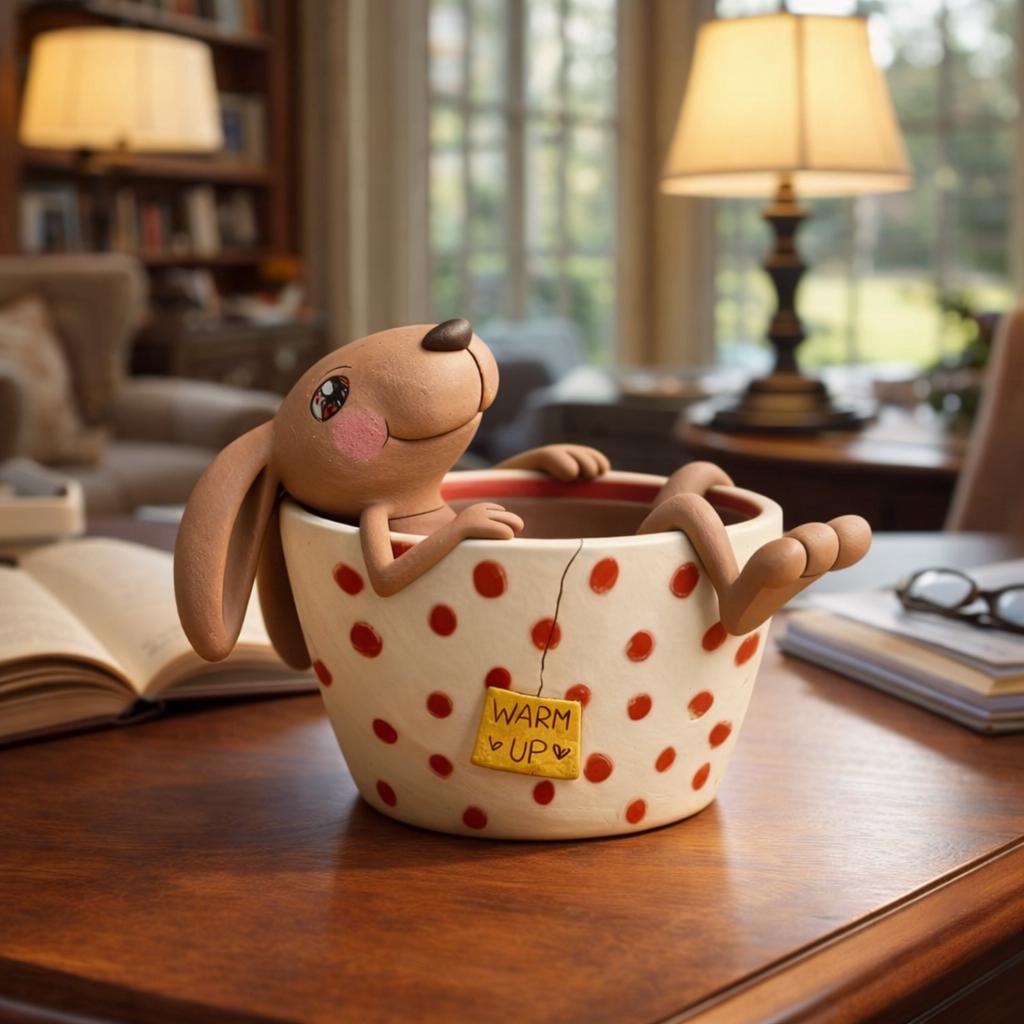 Handmade bunny in a polka-dot teacup clay figurine