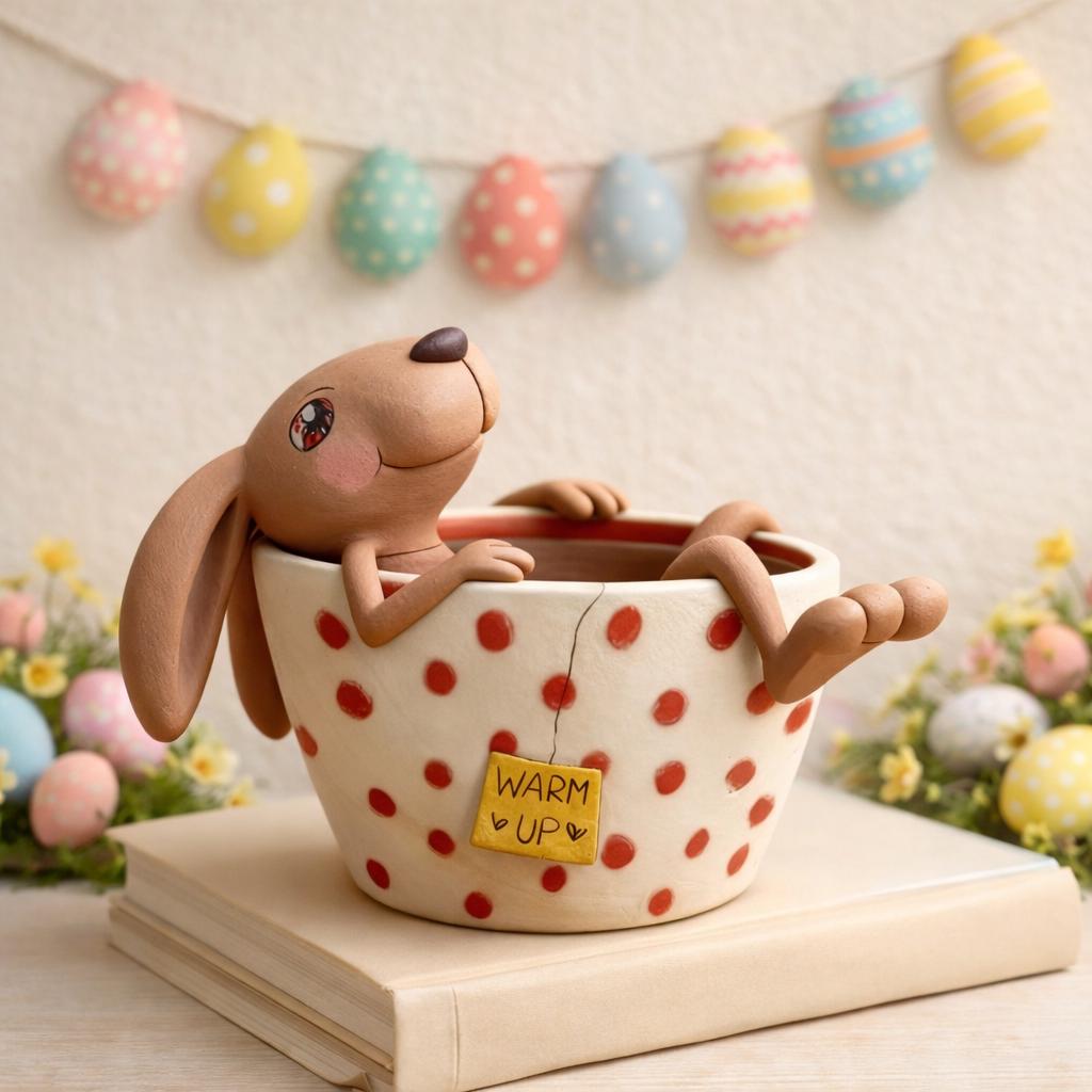 Handmade bunny in a polka-dot teacup clay figurine