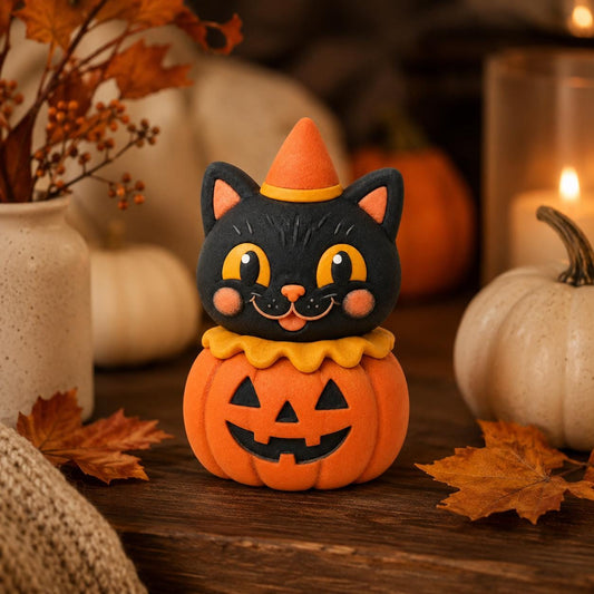 Handmade black cat and pumpkin clay Halloween figurine