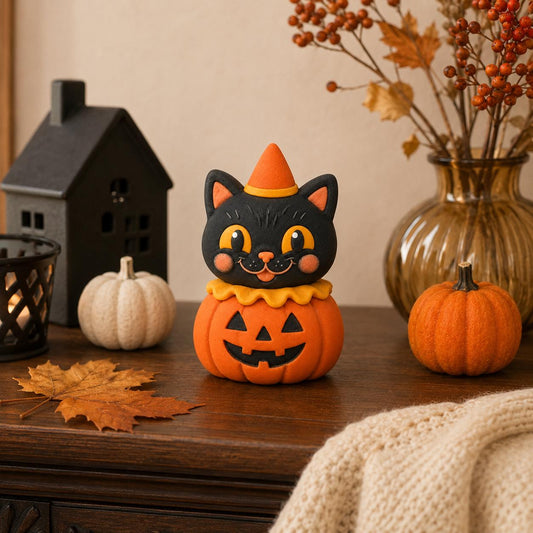 Handmade black cat and pumpkin clay Halloween figurine