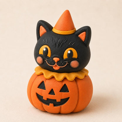 Handmade black cat and pumpkin clay Halloween figurine