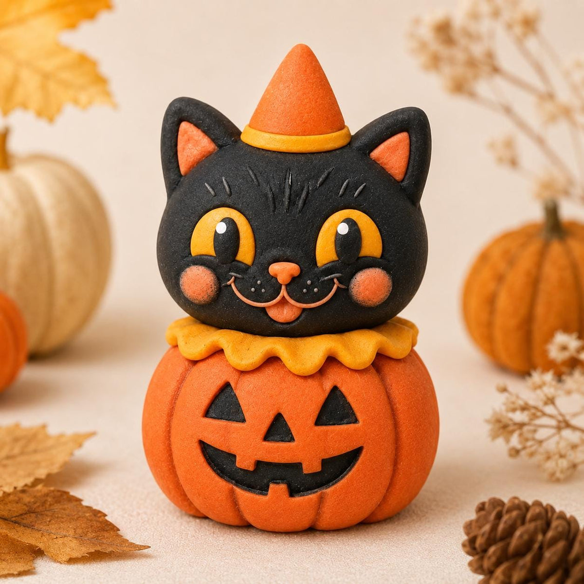 Handmade black cat and pumpkin clay Halloween figurine