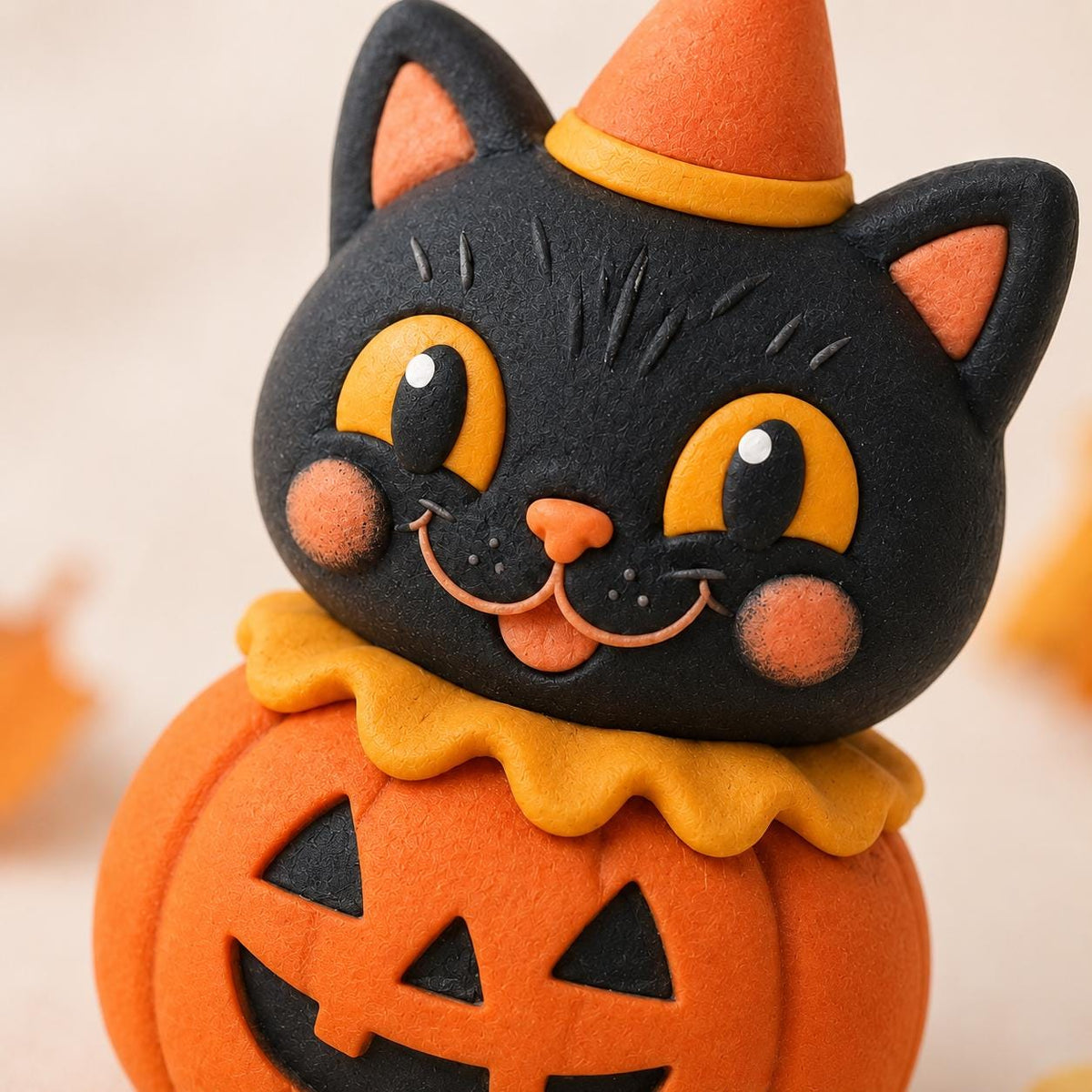 Handmade black cat and pumpkin clay Halloween figurine