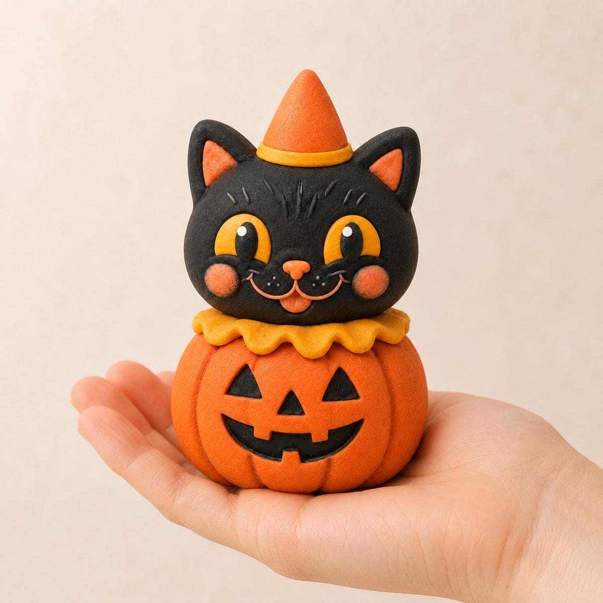 Handmade black cat and pumpkin clay Halloween figurine