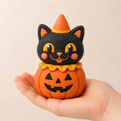 Handmade black cat and pumpkin clay Halloween figurine