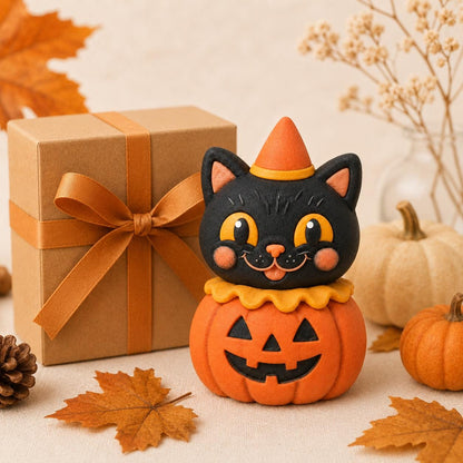 Handmade black cat and pumpkin clay Halloween figurine