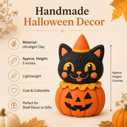 Handmade black cat and pumpkin clay Halloween figurine