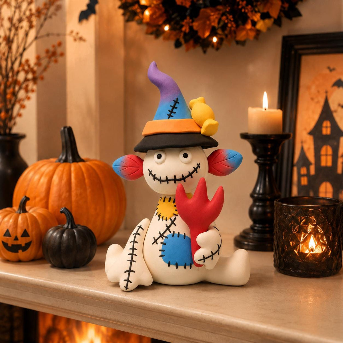 Handmade patchwork witch clay Halloween figurine