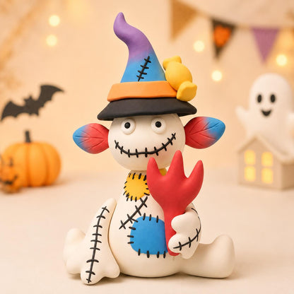 Handmade patchwork witch clay Halloween figurine
