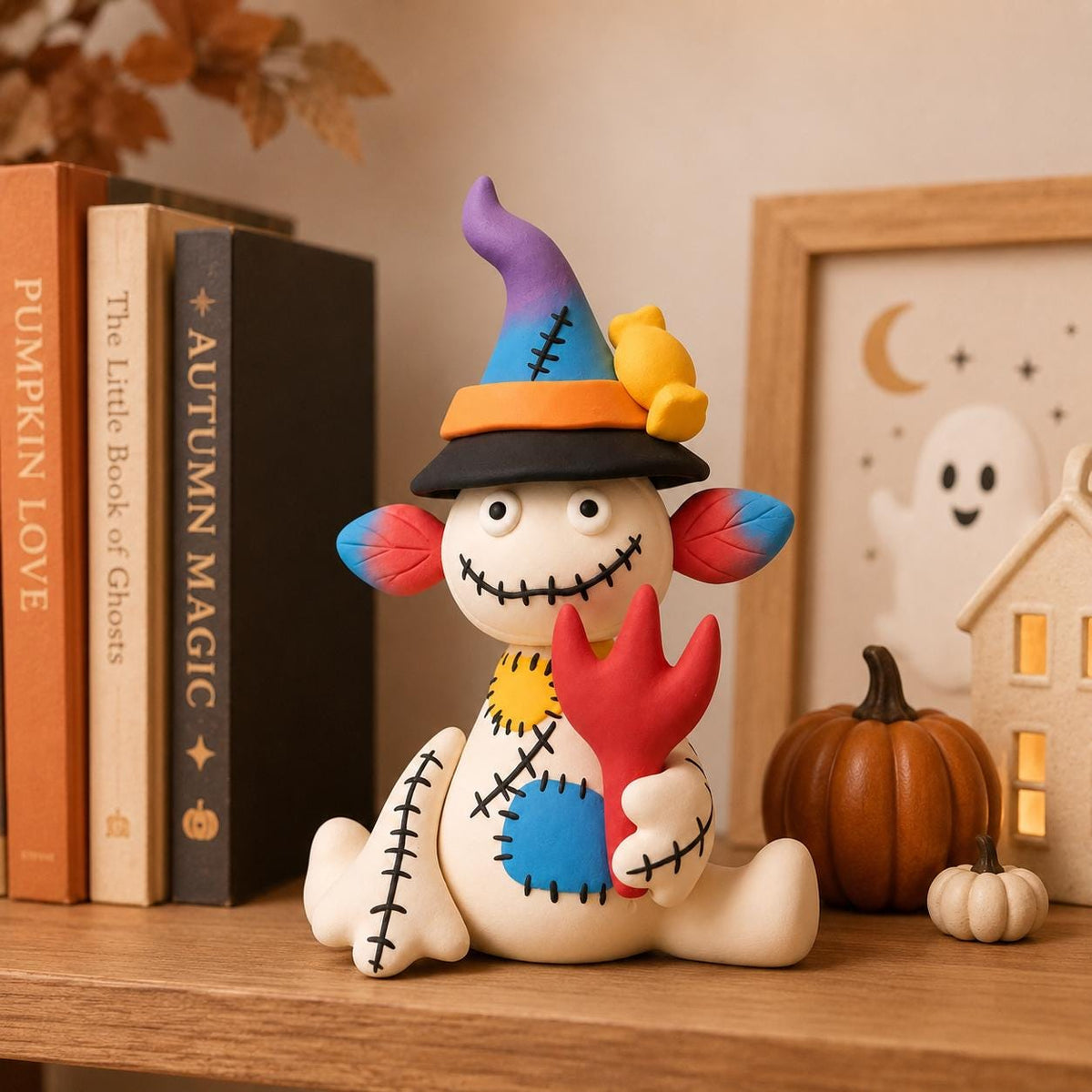 Handmade patchwork witch clay Halloween figurine