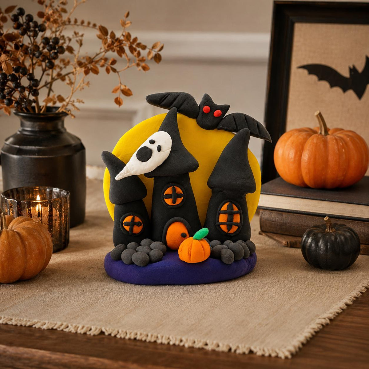 Handmade haunted castle clay figurine with moon, bat and pumpkin — view 1