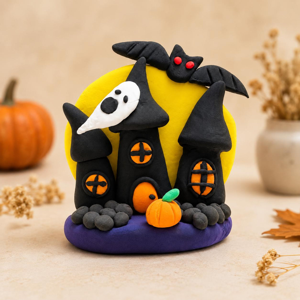 Handmade haunted castle clay figurine with moon, bat and pumpkin — view 2